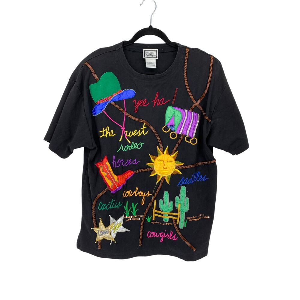 Vintage Western Theme T-Shirt Womens Size Large Black Short Sleeve